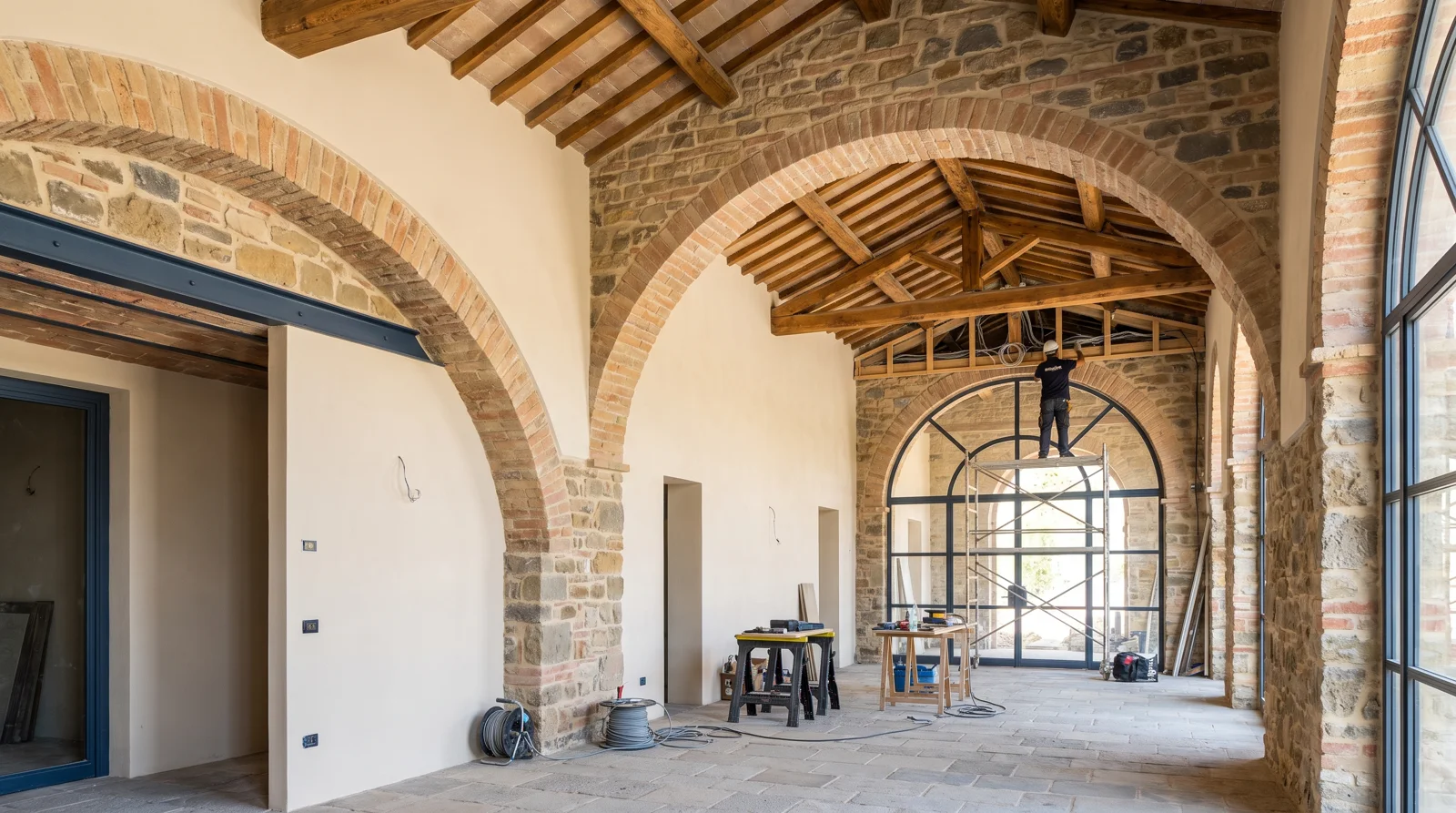 Ingresso di uno spazio commerciale rinnovato con finiture in pietra e legno