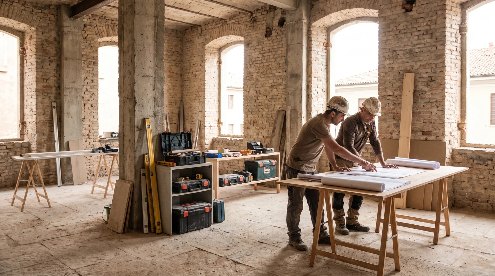 Professionisti che coordinano le lavorazioni in un ambiente in ristrutturazione